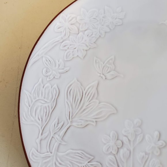 Pier 1 Terracotta White Glazed Dinner Plates 11" Impressed Floral Butterfly Set - Picture 12 of 13